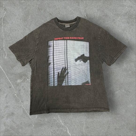 Vintage-Styled "Defeat This Damn Fear" Graphic Tee - Faded Black Streetwear, Ove - Picture 1 of 5